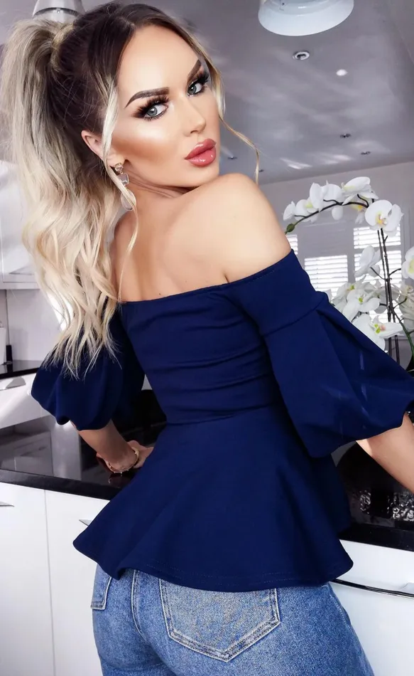 Lola Navy Puffed Sleeve Peplum Top Women Missfiga Tops