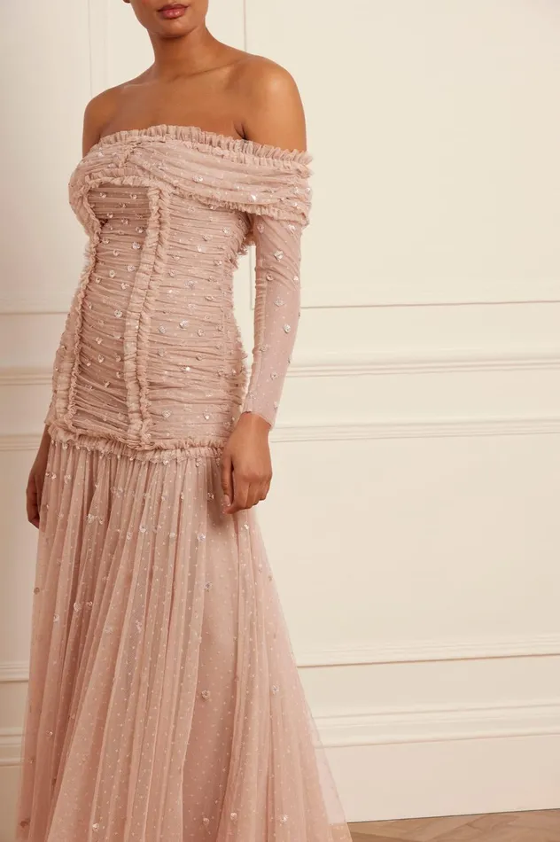 Love Heart Rouched OffShoulder Gown Beige Women Needle and Thread Dresses