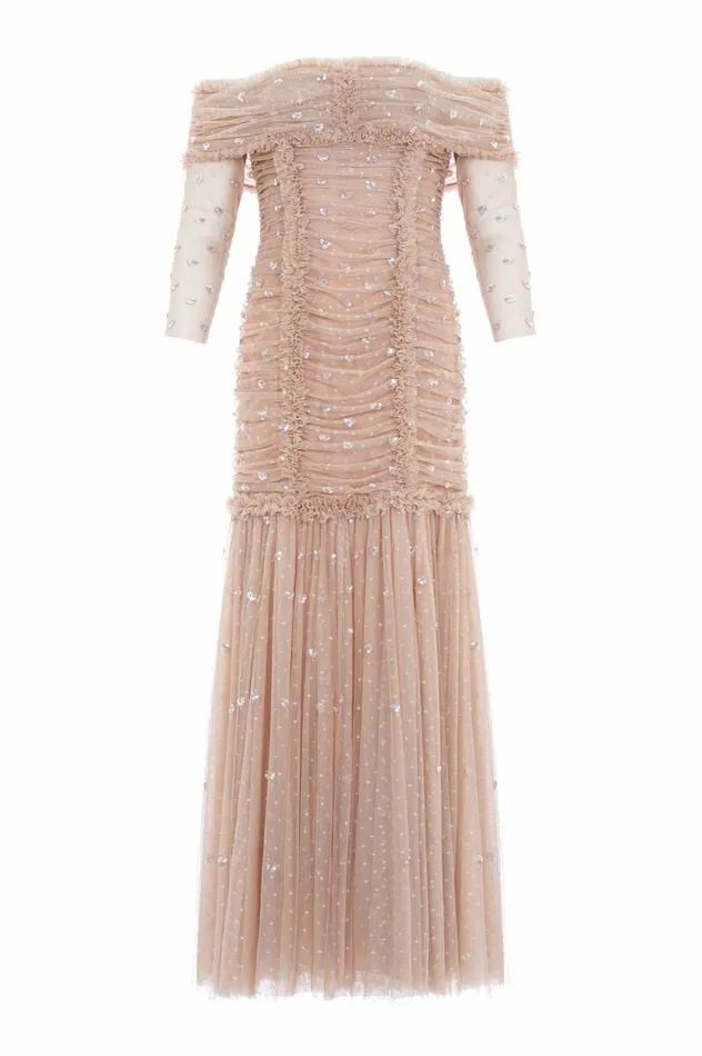 Love Heart Rouched OffShoulder Gown Beige Women Needle and Thread Dresses