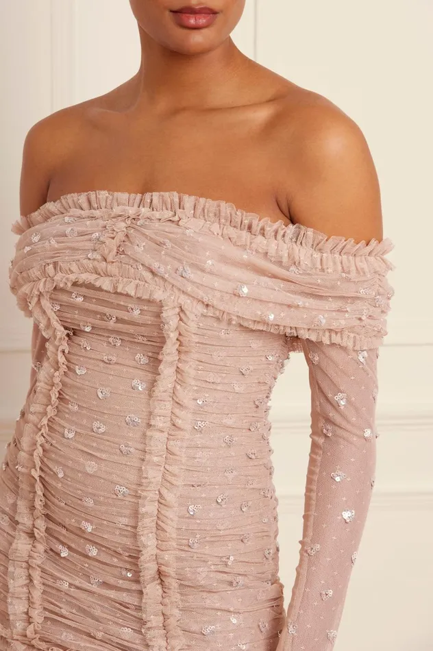 Love Heart Rouched OffShoulder Gown Beige Women Needle and Thread Dresses