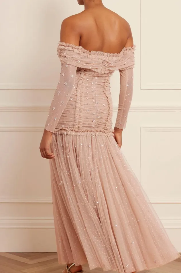 Love Heart Rouched OffShoulder Gown Beige Women Needle and Thread Dresses