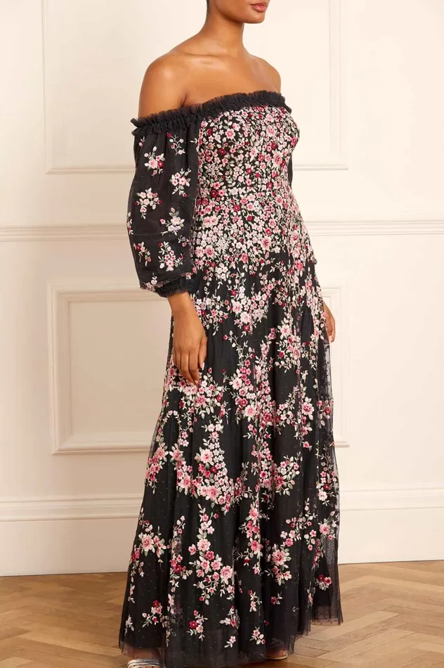 Lunaria Wreath OffShoulder Long Sleeve Gown Black Women Needle and Thread Dresses