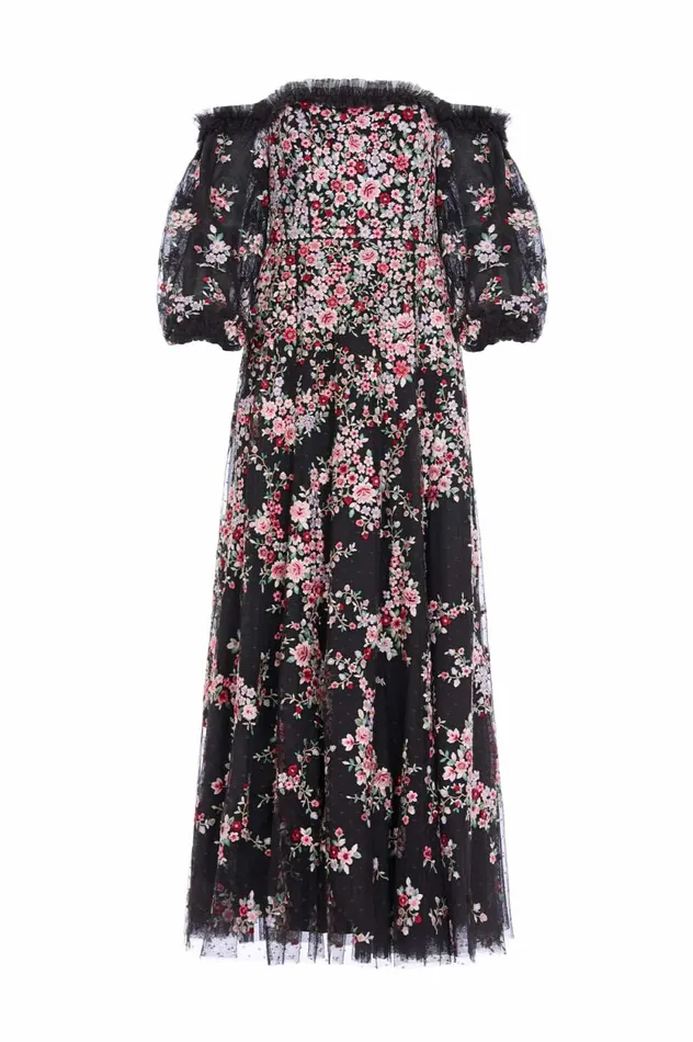 Lunaria Wreath OffShoulder Long Sleeve Gown Black Women Needle and Thread Dresses