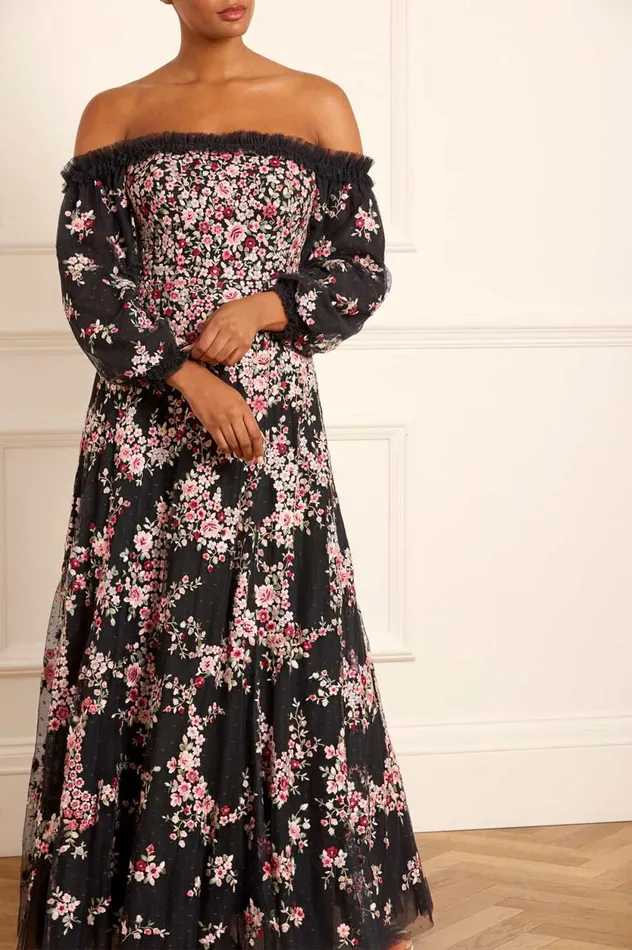 Lunaria Wreath OffShoulder Long Sleeve Gown Black Women Needle and Thread Dresses