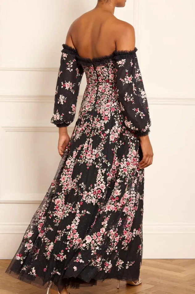 Lunaria Wreath OffShoulder Long Sleeve Gown Black Women Needle and Thread Dresses