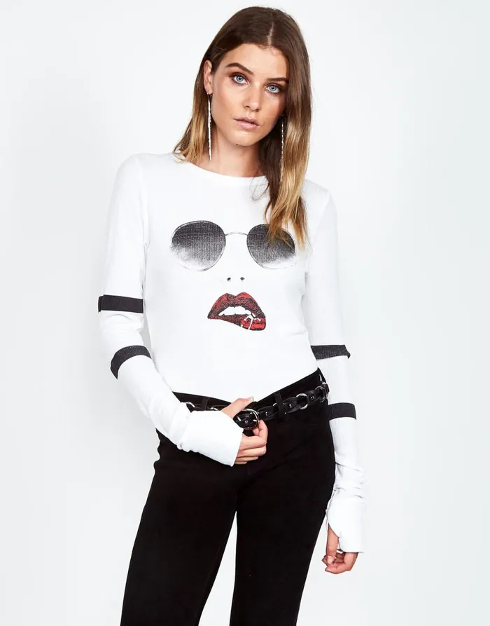 McKinley Pierced Biting Lip Face White Women039s Lauren Moshi Long Sleeve