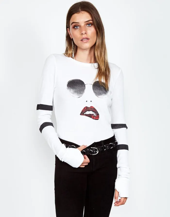McKinley Pierced Biting Lip Face White Women039s Lauren Moshi Long Sleeve