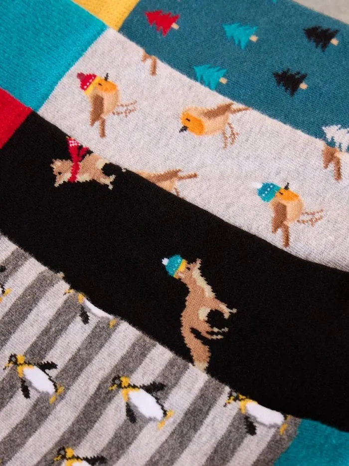 Men 4 Pack Winter Animal Socks Navy Multi White Stuff Loungewear