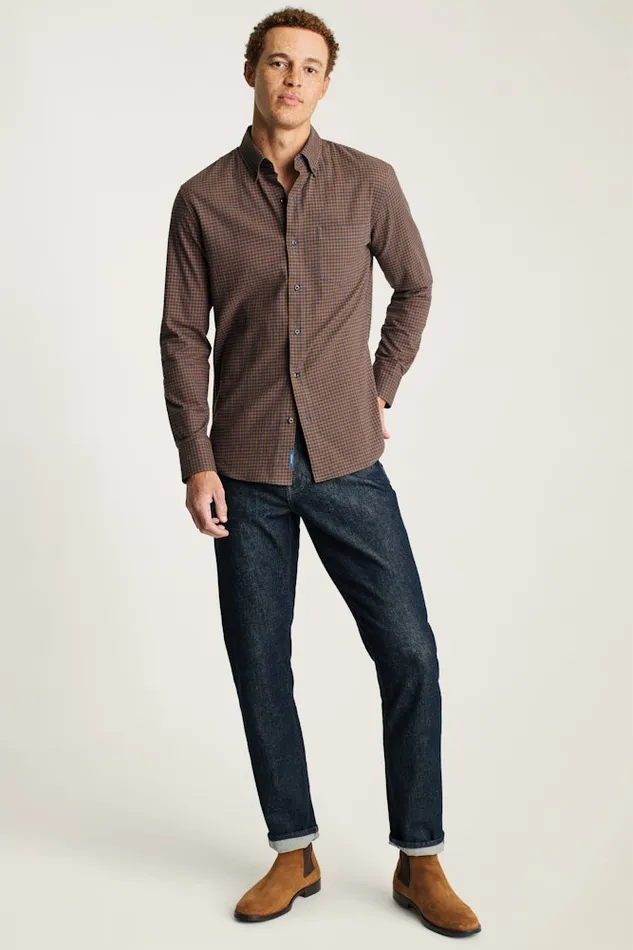 Men Bonobos Casual Shirts Stretch Lightweight Flannel Shirt Navy Blue Rust Check