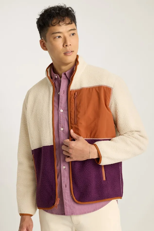 Men Bonobos Half and FullZips High Pile Fleece Jacket Cream Plum Color Block Men Bonobos Half and FullZips High Pile Fleece Jacket Cream Plum Color Block