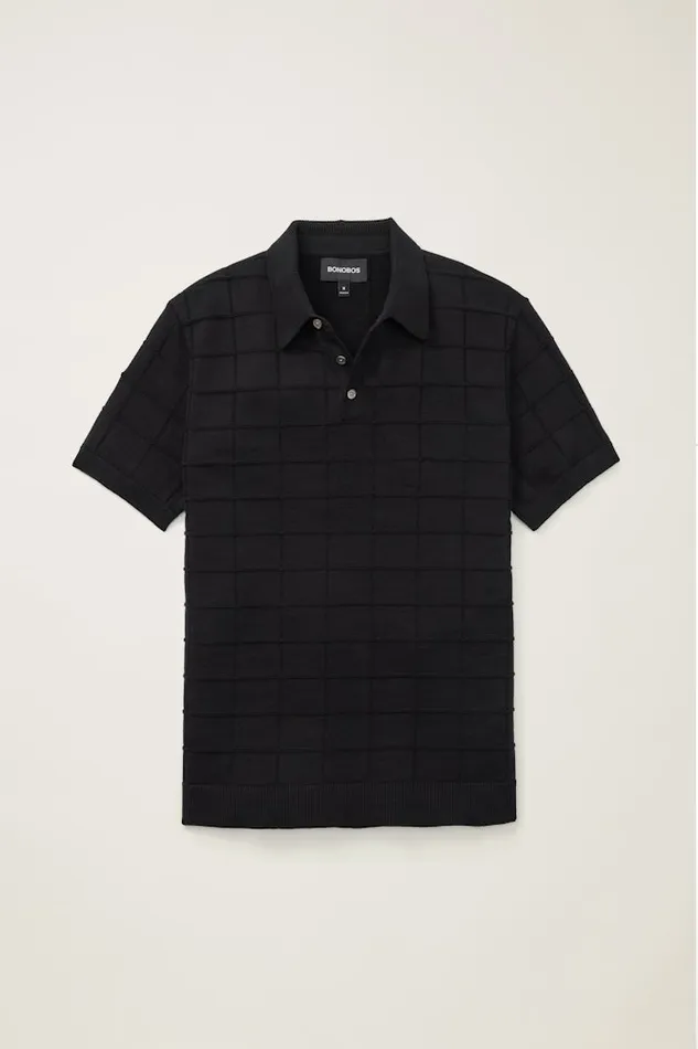 Men Bonobos Sweater Polos Hudson Sweater Polo Black Cotton Grid Men Bonobos Sweater Polos Hudson Sweater Polo Black Cotton Grid