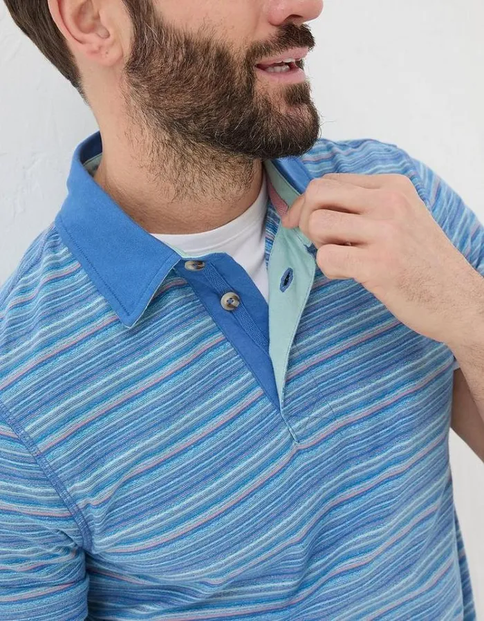 Men FatFace Polo Shirts Penzance Stripe Polo Light Blue