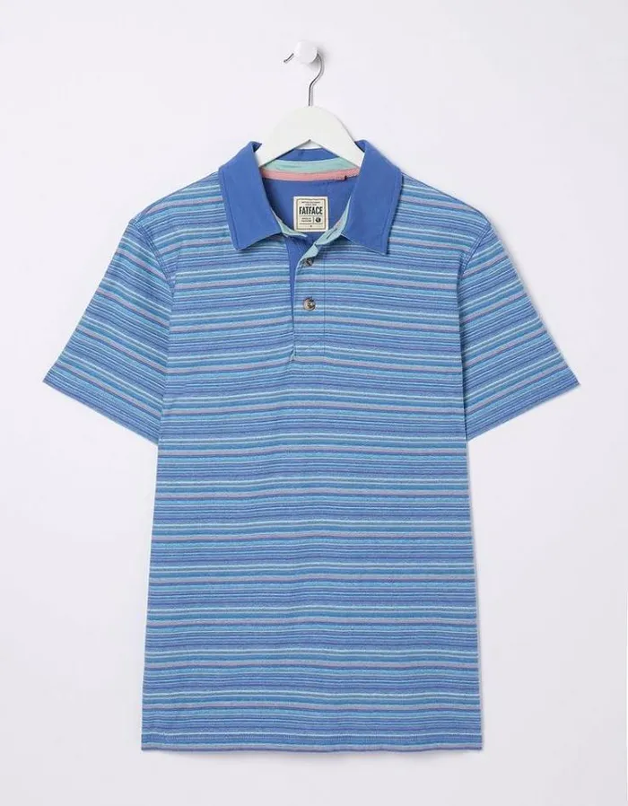 Men FatFace Polo Shirts Penzance Stripe Polo Light Blue
