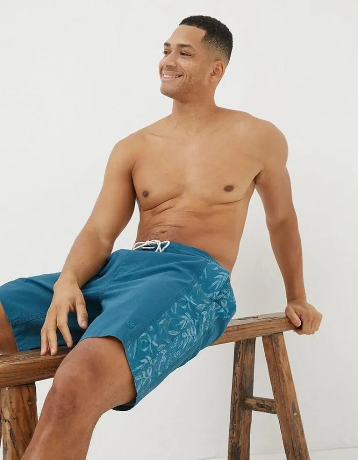 Men FatFace Swimwear Camber Panel Print Swim Shorts Teal Green