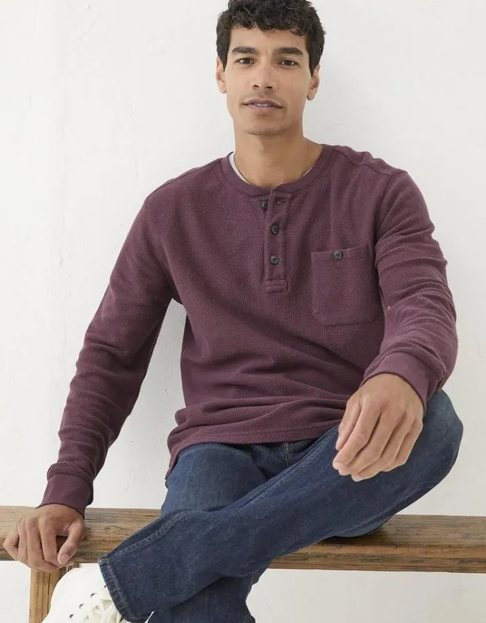 Men FatFace TShirts Southbourne Long Sleeve Henley Burgundy