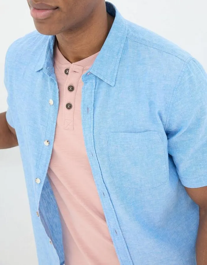Men FatFace Vacation Shop Bugle Linen Cotton Shirt Bright Blue