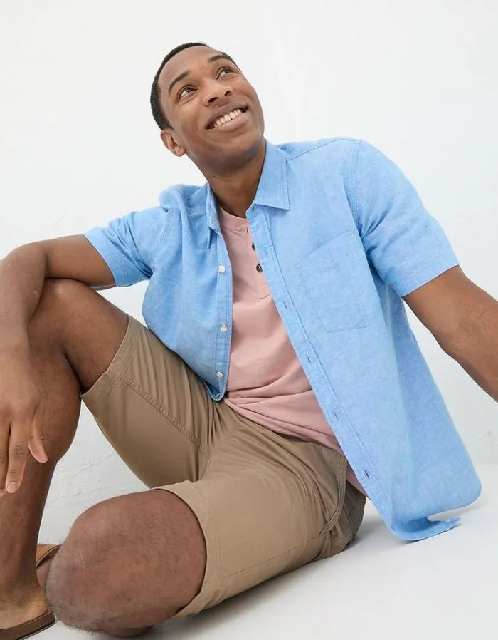 Men FatFace Vacation Shop Bugle Linen Cotton Shirt Bright Blue