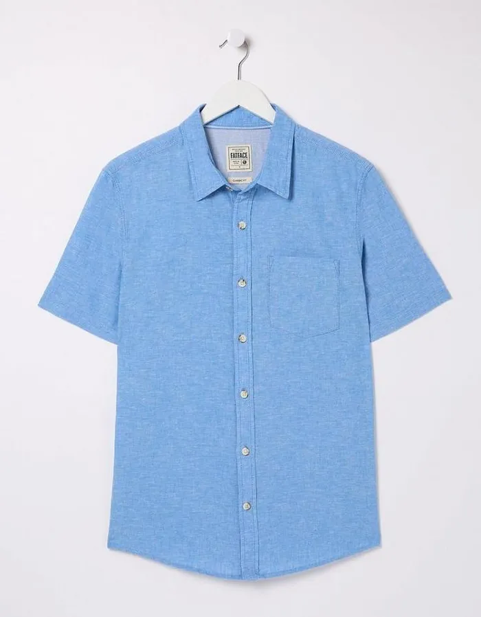 Men FatFace Vacation Shop Bugle Linen Cotton Shirt Bright Blue