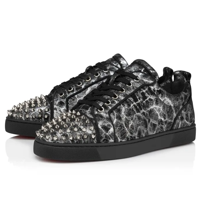 Men Louis Junior Spikes Sneakers 8211 Storm Printed Calf Leather And Spikes 8211 Black Christian Louboutin Sneakers