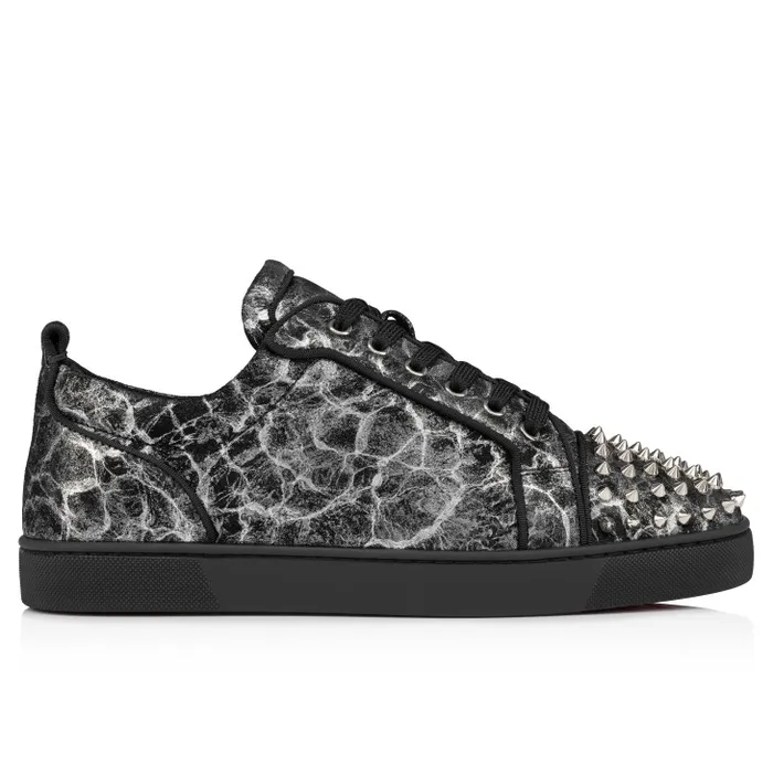 Men Louis Junior Spikes Sneakers 8211 Storm Printed Calf Leather And Spikes 8211 Black Christian Louboutin Sneakers