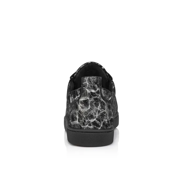 Men Louis Junior Spikes Sneakers 8211 Storm Printed Calf Leather And Spikes 8211 Black Christian Louboutin Sneakers