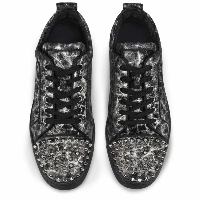 Men Louis Junior Spikes Sneakers 8211 Storm Printed Calf Leather And Spikes 8211 Black Christian Louboutin Sneakers