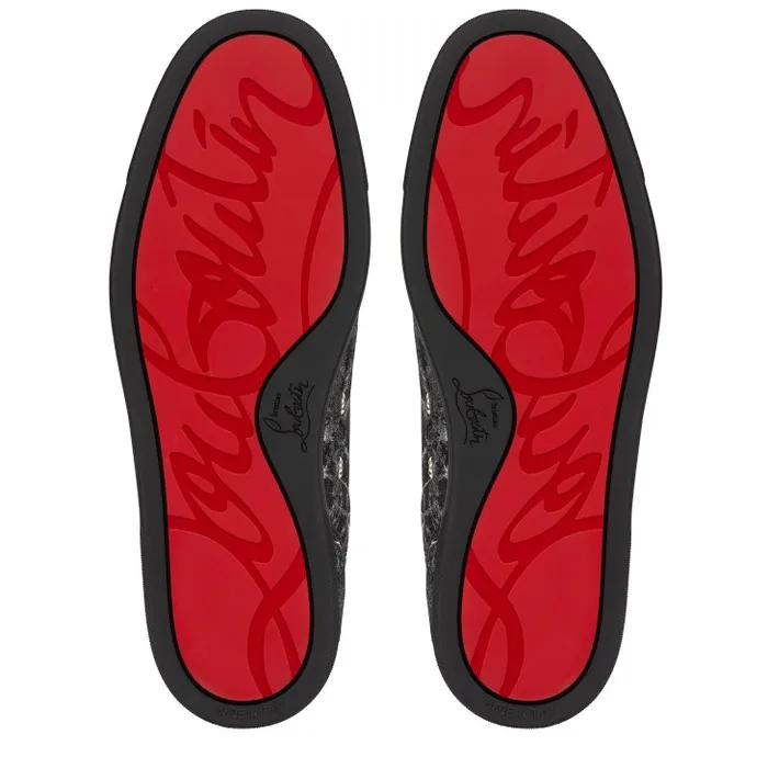 Men Louis Junior Spikes Sneakers 8211 Storm Printed Calf Leather And Spikes 8211 Black Christian Louboutin Sneakers