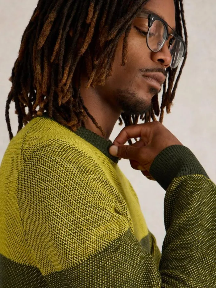 Men Newport Wool Merino Jacquard Crew Yellow Multi White Stuff Knitwear