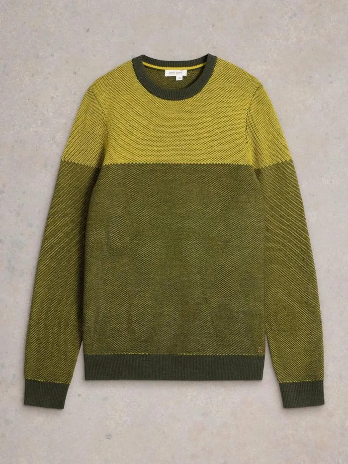 Men Newport Wool Merino Jacquard Crew Yellow Multi White Stuff Knitwear