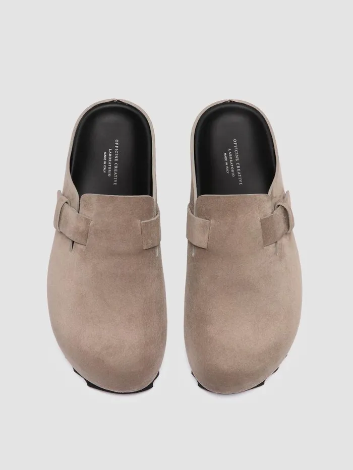 Men Officine Creative Footwear AGOR 012 Taupe Suede Mule Sandals Men Officine Creative Footwear AGOR 012 Taupe Suede Mule Sandals