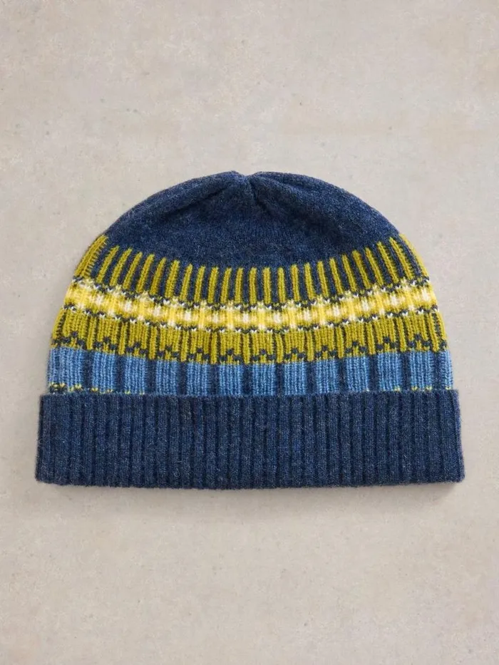 Men Rowan Fairisle Beanie Navy Multi White Stuff Hats