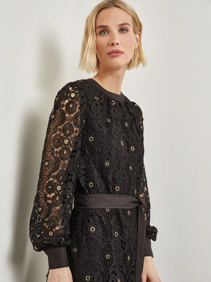 Misook Gold Grommet Laced Shift Midi Dress Women Dresses Misook Gold Grommet Laced Shift Midi Dress Women Dresses
