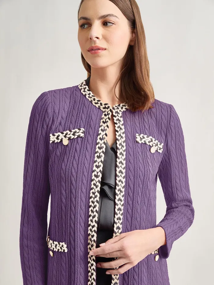 Misook Jewel Neck Contrast Trim Cable Knit Jacket Women Jackets and Coats