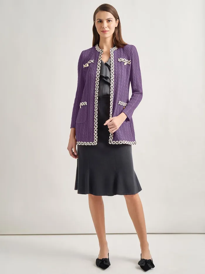 Misook Jewel Neck Contrast Trim Cable Knit Jacket Women Jackets and Coats