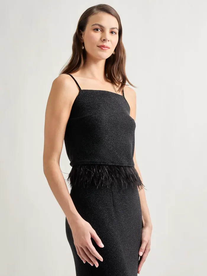 Misook Modern Fit Ostrich Feather Trim Stretch Woven Tank Women Tops and Tees Misook Modern Fit Ostrich Feather Trim Stretch Woven Tank Women Tops and Tees