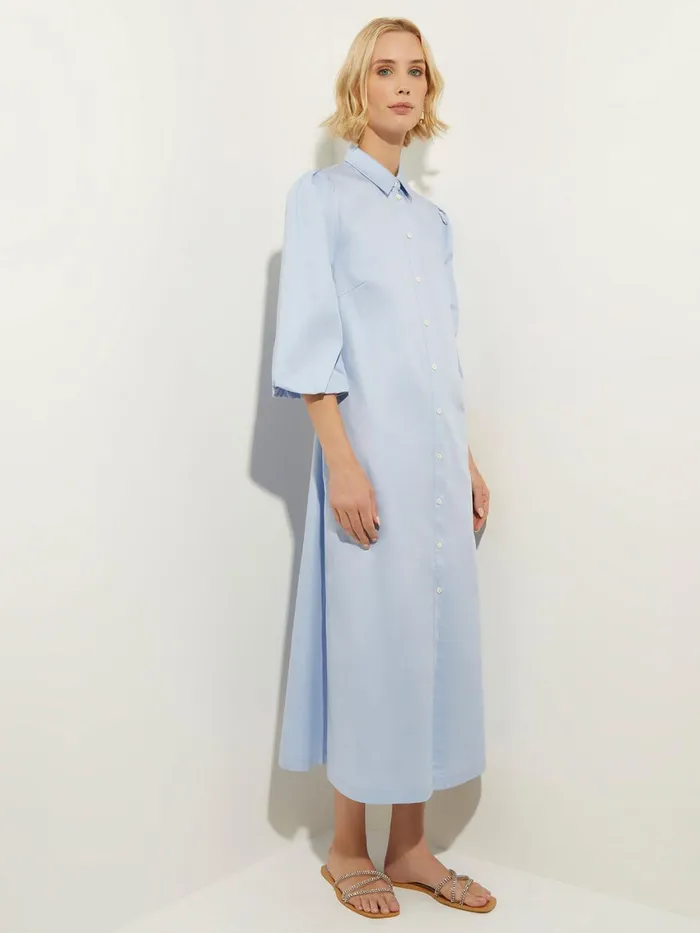 Misook Puff Sleeve Cotton Midi Shirtdress Women Dresses