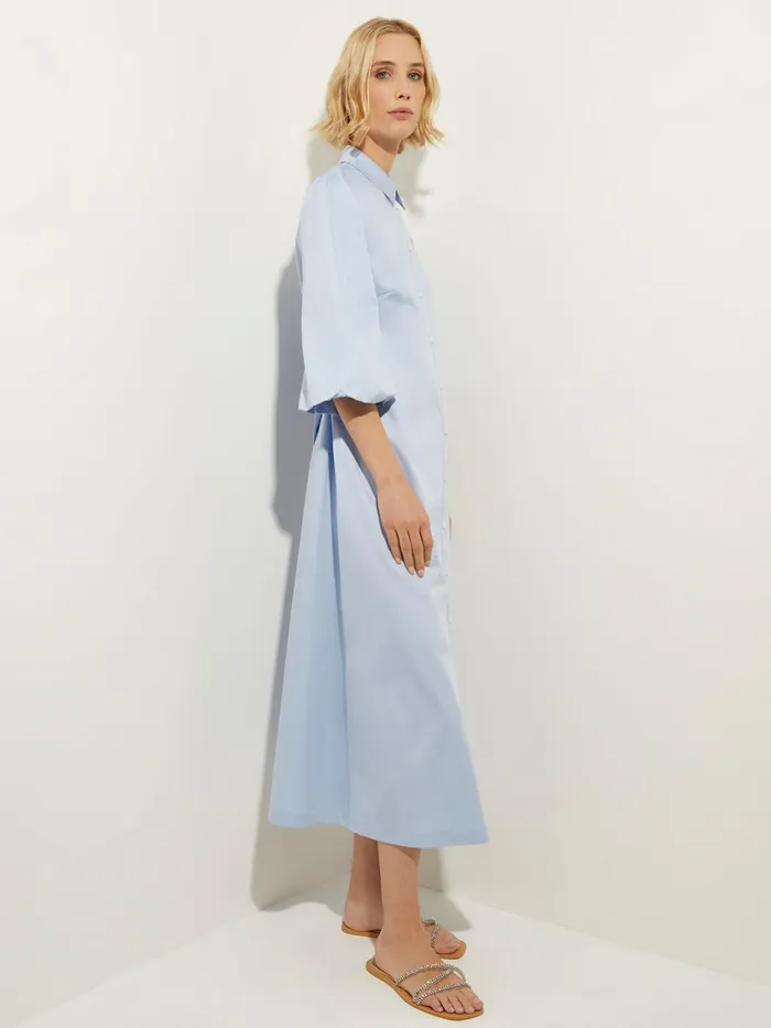 Misook Puff Sleeve Cotton Midi Shirtdress Women Dresses