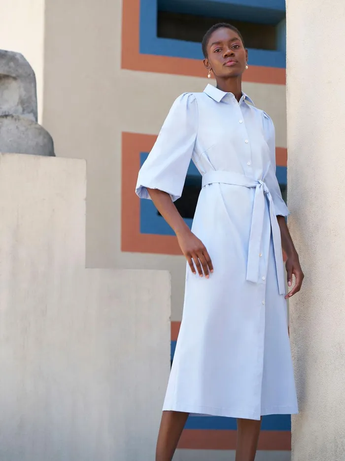 Misook Puff Sleeve Cotton Midi Shirtdress Women Dresses