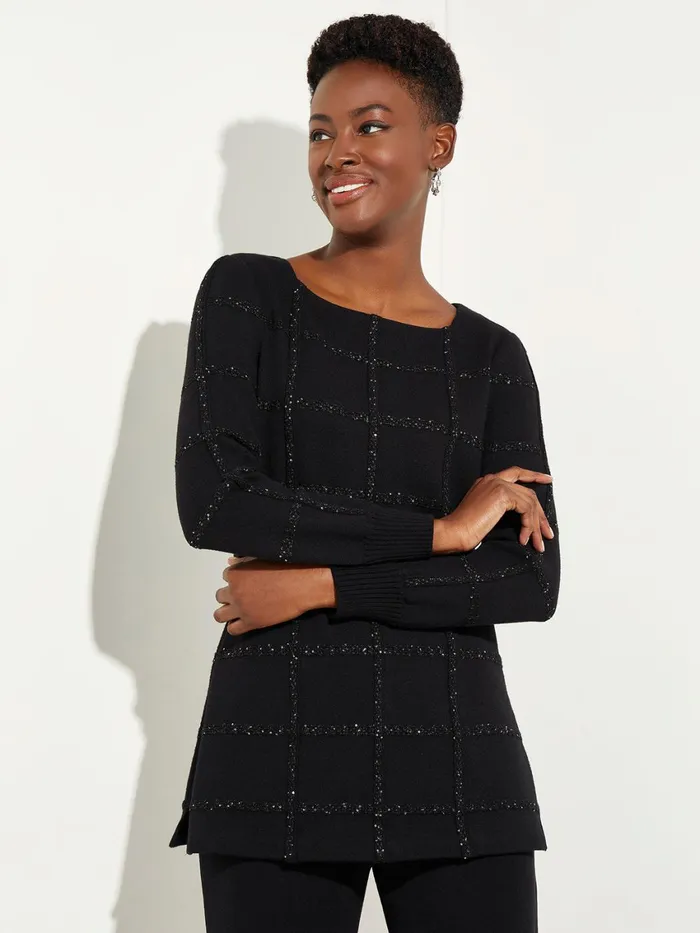 Misook Sequin Grid Soft Recycled Knit Tunic Women Tops and Tees