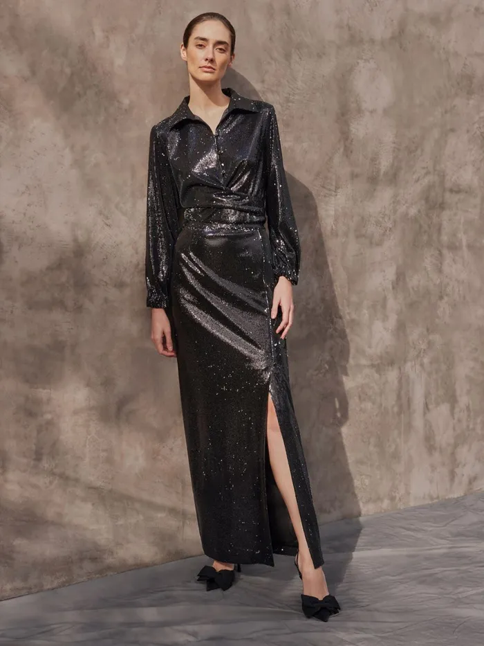 Misook Sequin Novelty Woven Straight Maxi Skirt Women Skirts