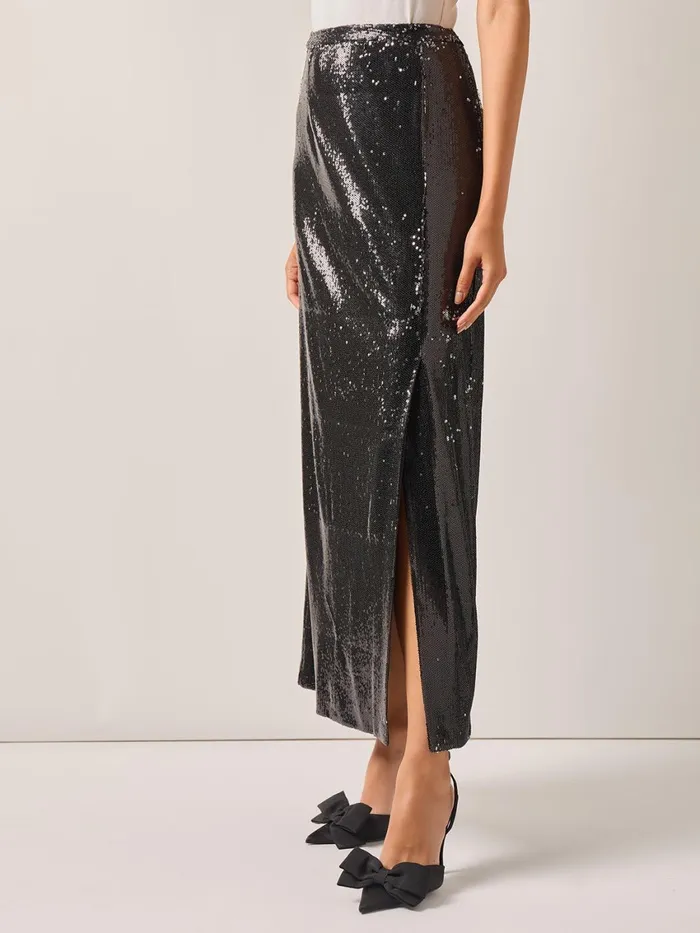Misook Sequin Novelty Woven Straight Maxi Skirt Women Skirts