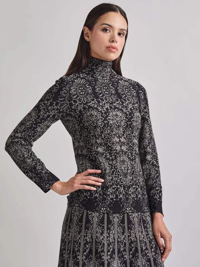 Misook TwoTone Damask Jacquard Knit Tunic Women Tops and Tees
