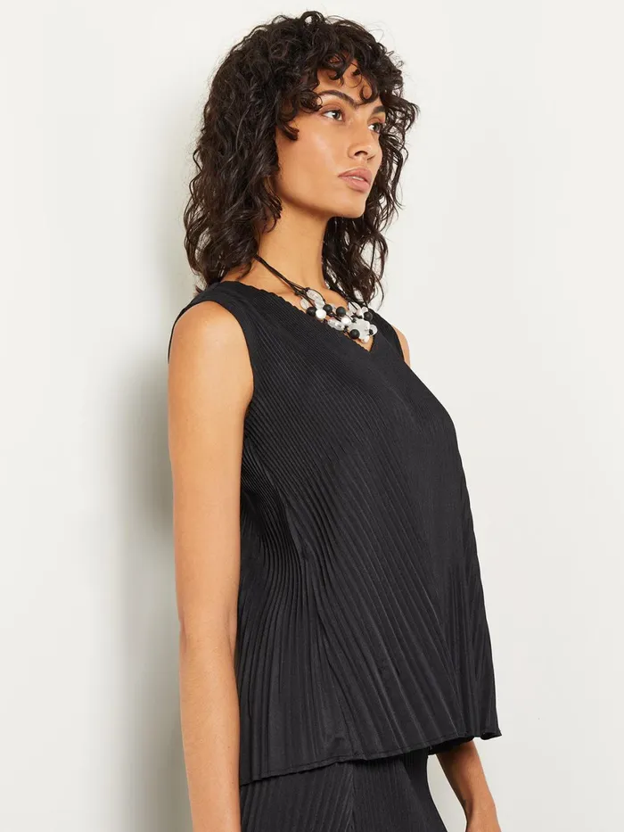 Misook VNeck TieWaist Pleated Crepe De Chine Tank Top Women Tops and Tees