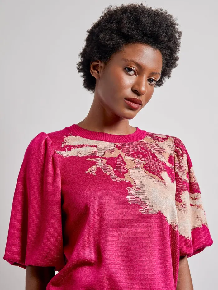 Misook Watercolor Pattern Jacquard Knit Top Women Tops and Tees