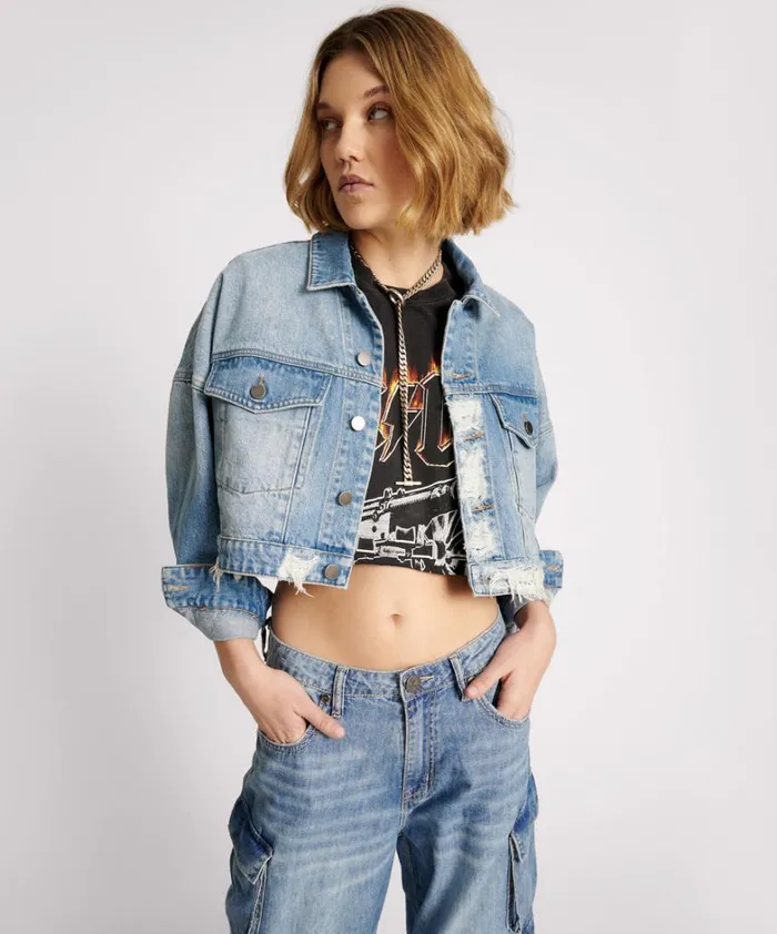 One Teaspoon Jackets EAGLE STUDDED CROPPED DENIM JACKET 8211 Women