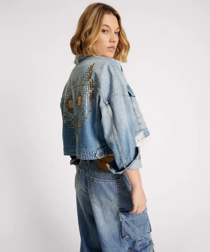 One Teaspoon Jackets EAGLE STUDDED CROPPED DENIM JACKET 8211 Women