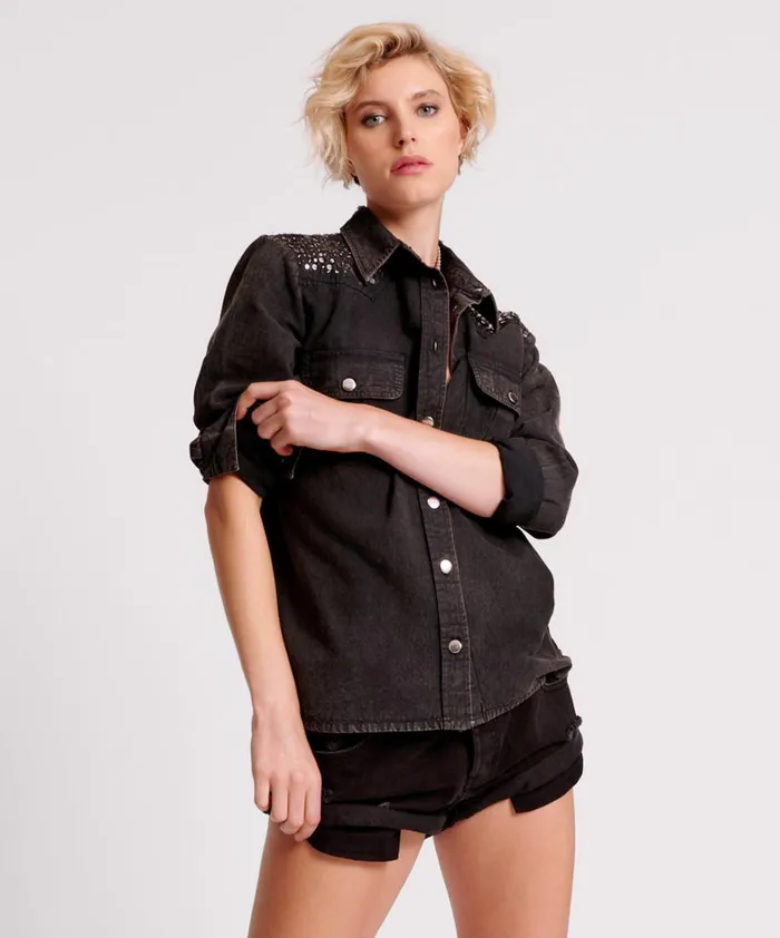One Teaspoon Shirts BLACK HAND EMBELLISHED DENIM WESTERN SHIRT 8211 Women