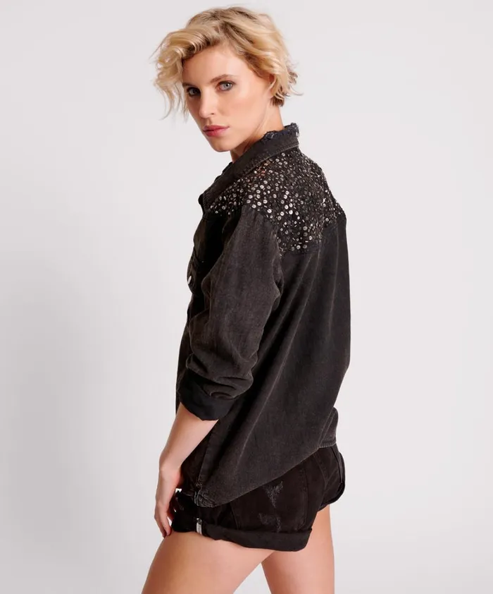 One Teaspoon Shirts BLACK HAND EMBELLISHED DENIM WESTERN SHIRT 8211 Women