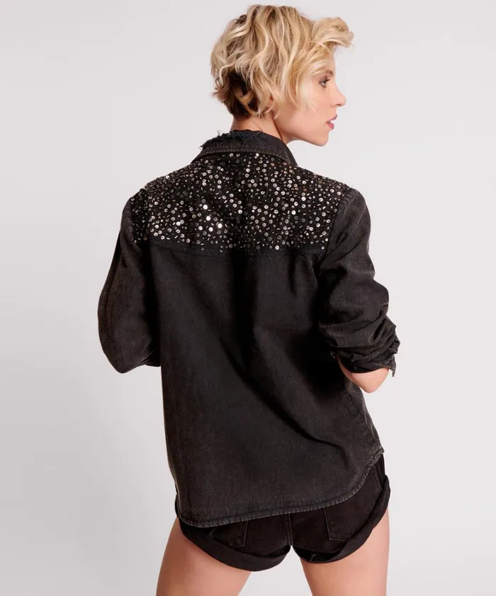 One Teaspoon Shirts BLACK HAND EMBELLISHED DENIM WESTERN SHIRT 8211 Women