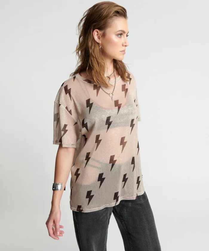 One Teaspoon Tees and Tanks LIGHTNING STRIKES MESH TEE SHIRT 8211 Women